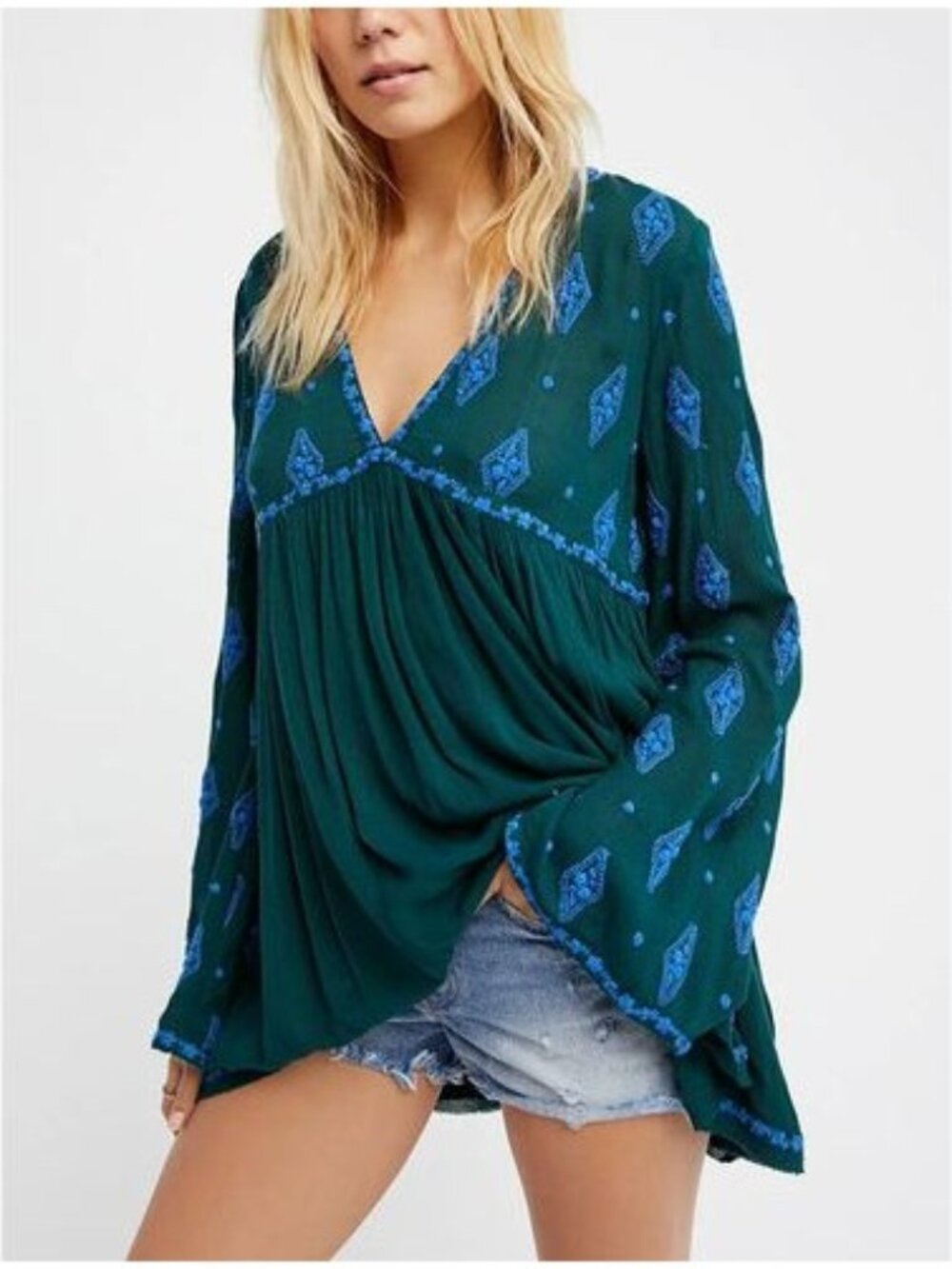 Free People Diamond Embroidered Tunic Bell Sleeve Green V Neck